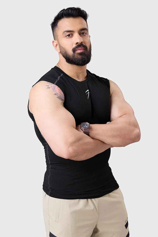 Black Fuaark Nz compression sleeveless tank top, close-up of fitted athletic tank shirt for men or women.