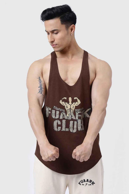 Fuaark NZ Club Stringer Coffee tank top, black sleeveless athletic shirt with Fuaark branding, designed for active wear.