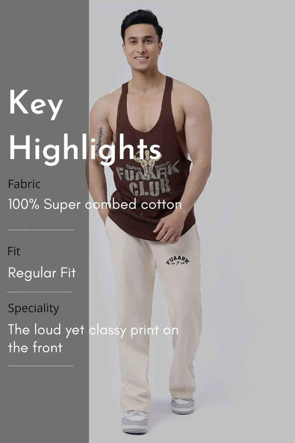 Fuaark NZ Club Stringer Coffee tank top, sleeveless athletic shirt with Fuaark branding, in coffee brown color.