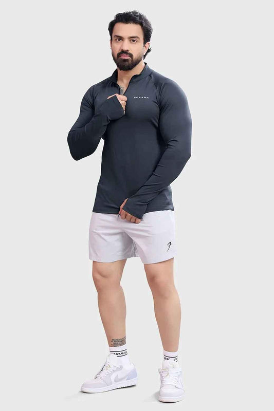 Dark grey Fuaark Nz Axis Pullover T-shirt displayed on a hanger, showcasing a casual and comfortable fit.