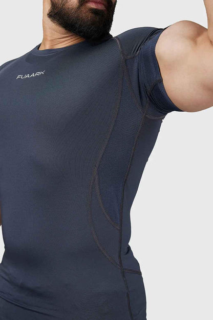 Grey Compression 2.0 T-shirt by Fuaark Nz, close-up of fitted athletic T-shirt made from performance fabric.
