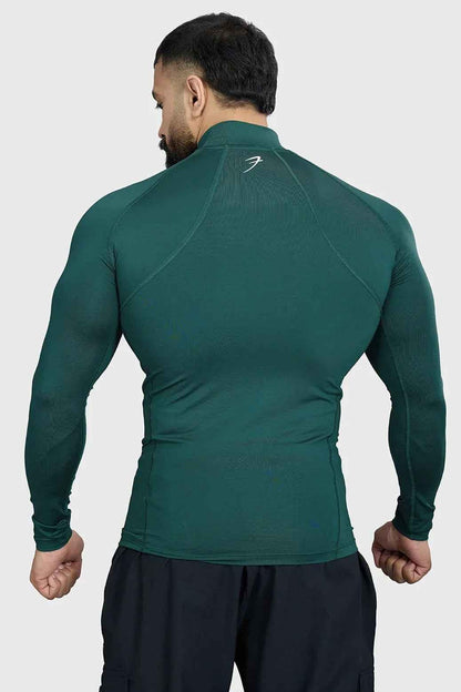 Emerald high neck compression full sleeves T-shirt by Fuaark Nz, made of stretchy, supportive fabric for active wear.