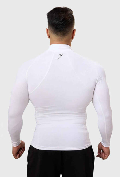 White high neck compression full sleeves T-shirt by Fuaark Nz, designed for comfort and support, shown on a plain background.