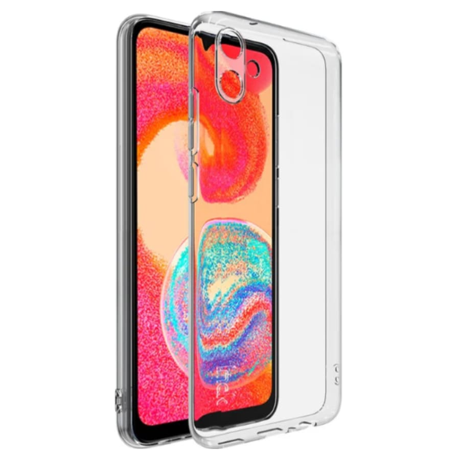 Clear protective case and screen protector for Samsung Galaxy A04e by 9eight5, showcasing slim, transparent design and screen coverage.