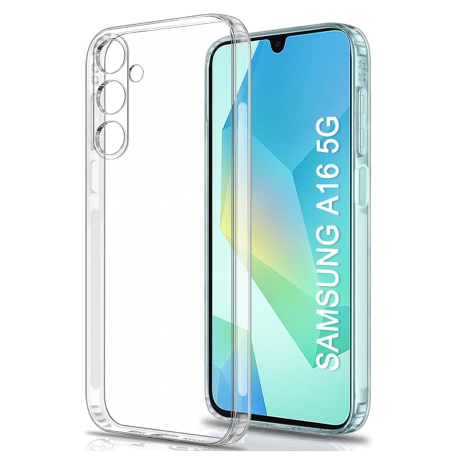 Clear protective case and screen protector for Samsung Galaxy A16 5G by 9eight5, showing the transparent design and phone protection features.