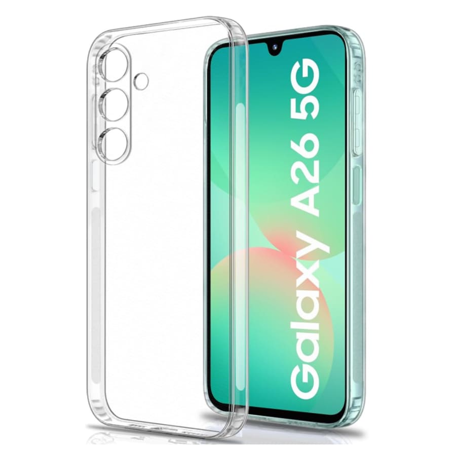 Clear protective case and screen protector for Samsung Galaxy A26 5G by 9eight5, showing the transparent design and precise fit.