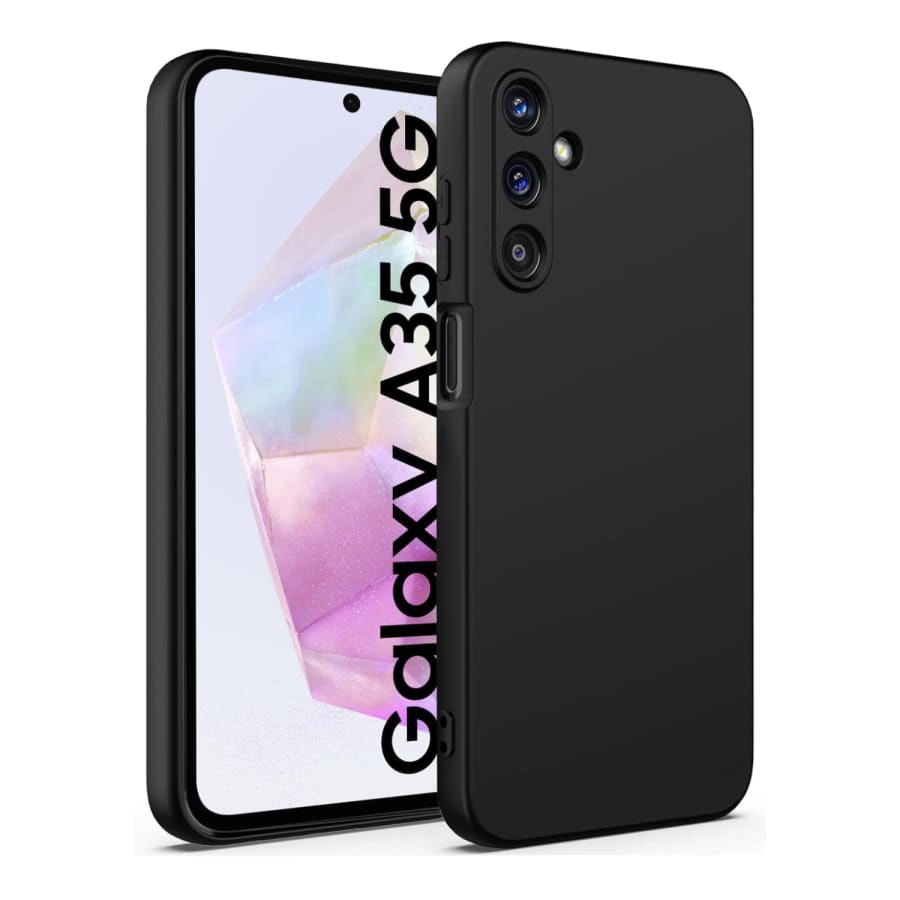 Black protective case and screen protector for Samsung Galaxy A35 5G by 9eight5, showing the phone's front and back with case and screen shield.
