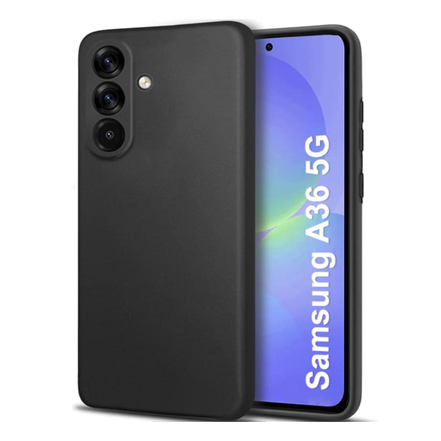 Black protective case and screen protector for Samsung Galaxy A36 5G by 9eight5, showing the sleek phone with durable coverage
