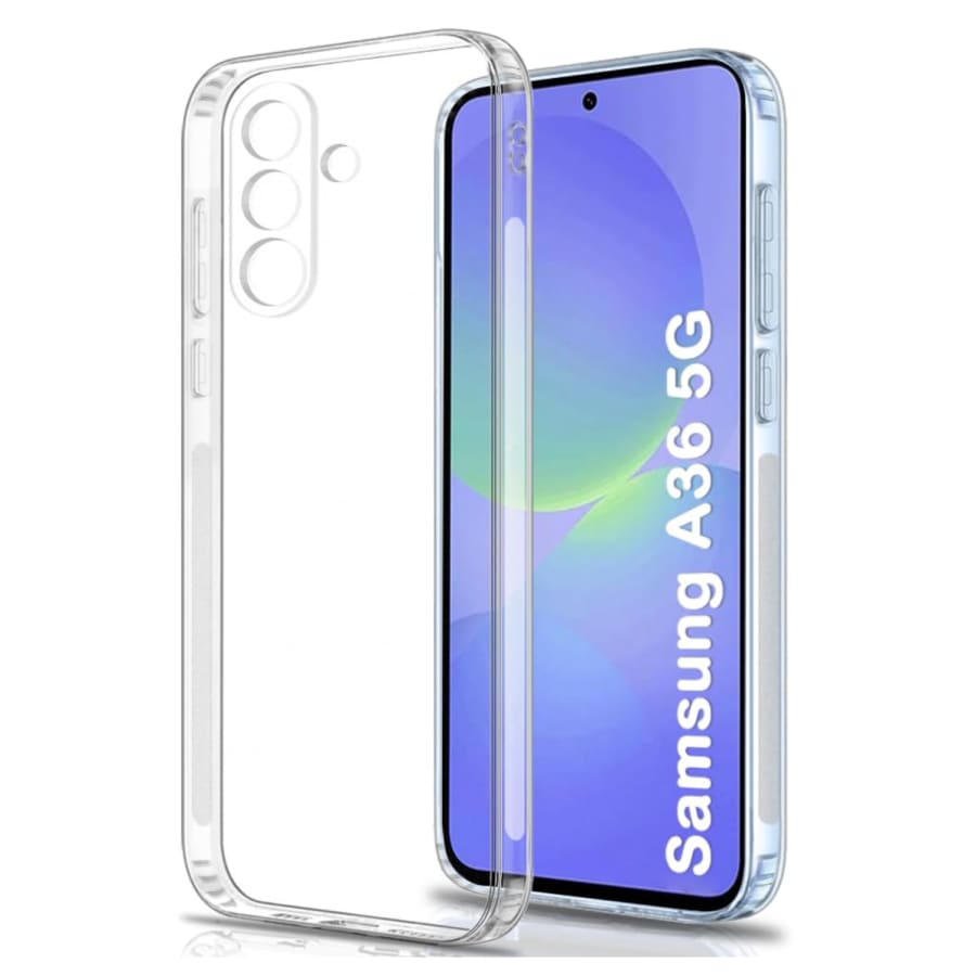 Clear protective case and screen protector for Samsung Galaxy A36 5G by 9eight5, showing the transparent design and fit.