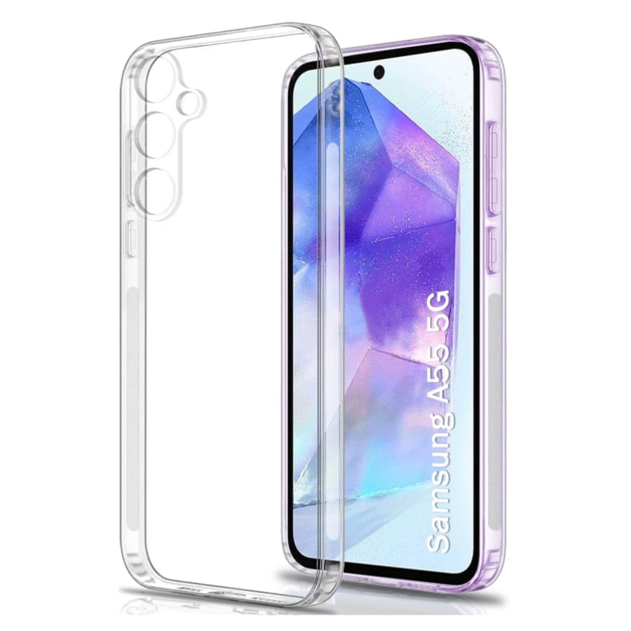 Clear protective case and screen protector for Samsung Galaxy A55 5G by 9eight5, showcasing durable and transparent coverage.