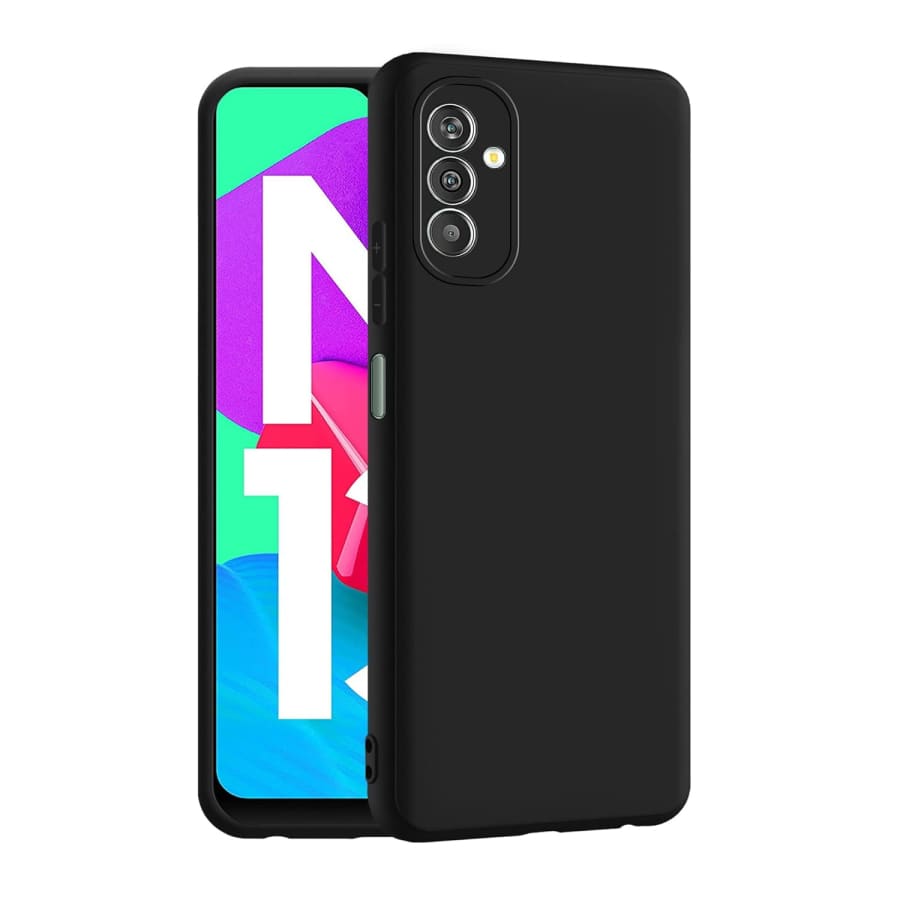 Black protective case and screen protector for Samsung Galaxy M13 by 9eight5, showing the case's slim design and screen guard.
