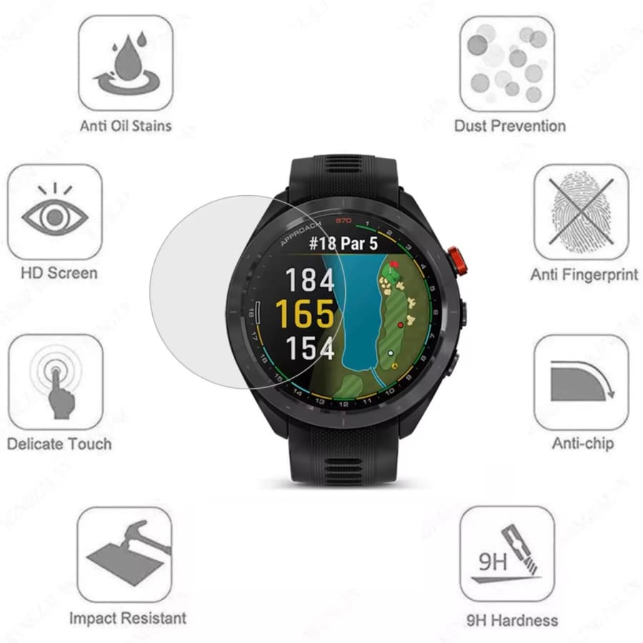 Garmin Approach S62 smartwatch with clear screen protector, showing protective film on the watch face for durable screen protection.