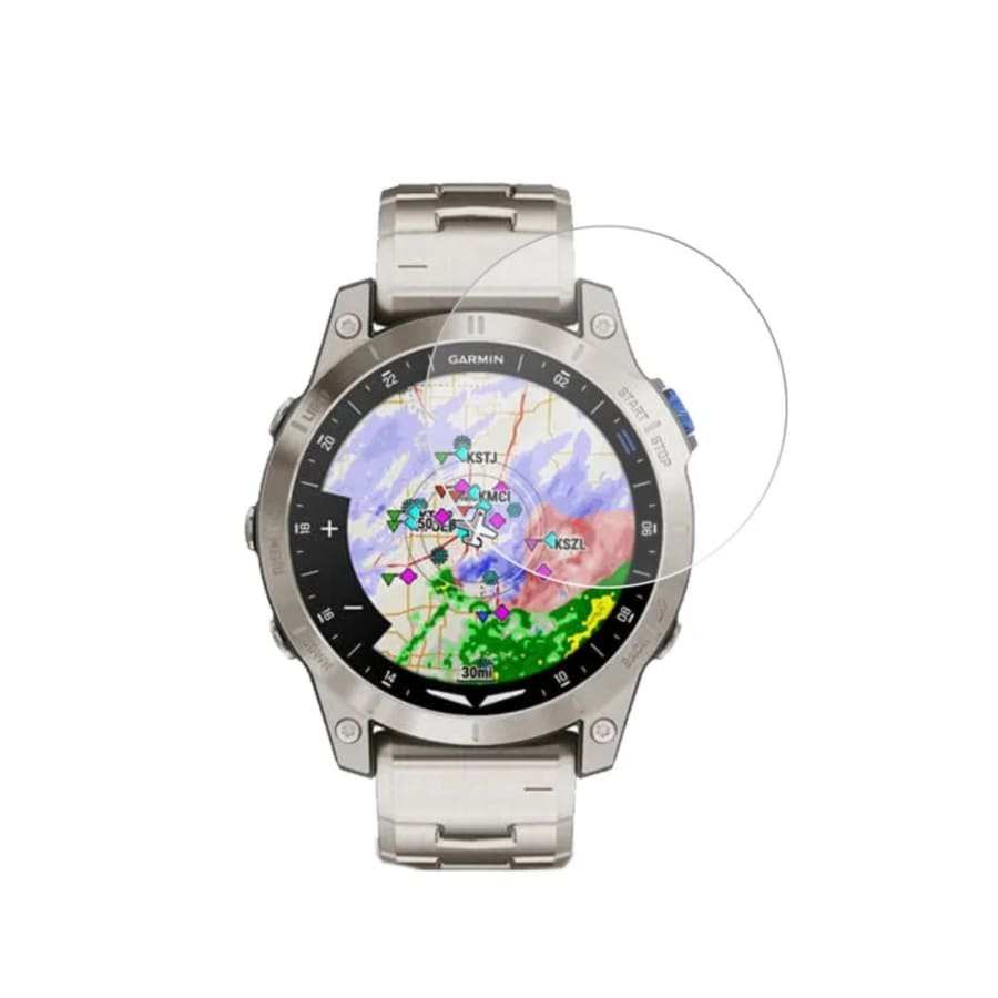 Silver Garmin D2 Mach 1 smartwatch with protective screen cover, showcasing the watch face and sleek design.