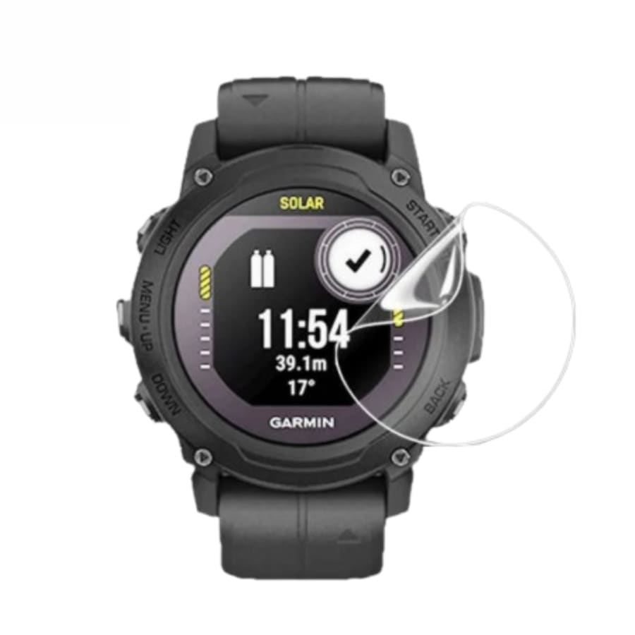 Hydrogel screen protectors for Garmin Descent G1 and G2 smartwatches, shown on watch case, pack of 6.