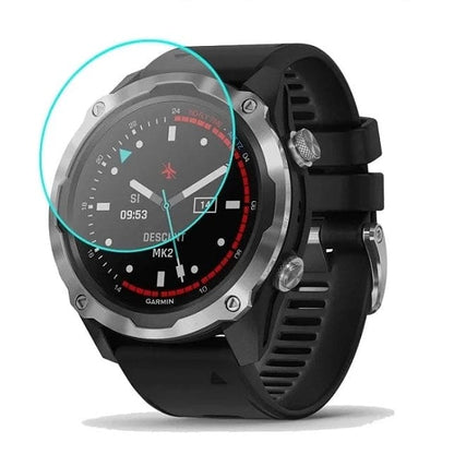 Close-up of Garmin Descent Mk2 / Mk2i watch screen protector, showing clear, durable glass fitting snugly on the smartwatch display.