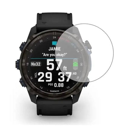 Garmin Descent Mk3i 43mm watch screen protector, clear protective film on smartwatch screen with precise cutouts.