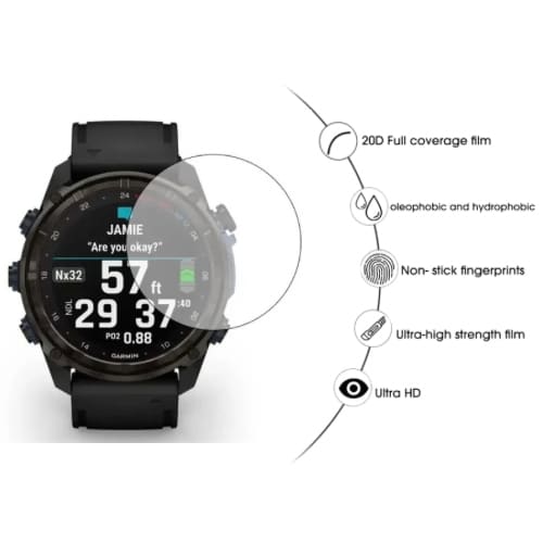 Garmin Descent Mk3i 43mm watch screen protector from That Watch Shop, showing a clear protective film on the smartwatch display.