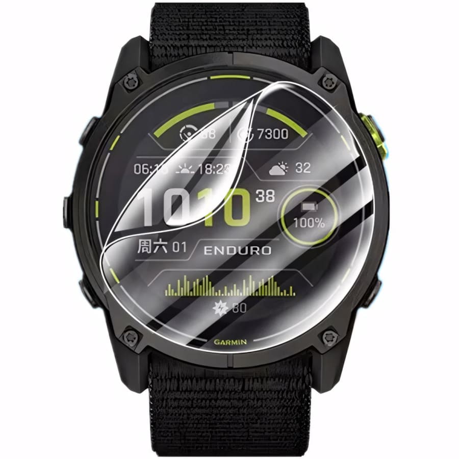Hydrogel screen protectors for Garmin Enduro 2 smartwatch, pack of 6, showing clear, flexible protective covers on a Garmin watch.