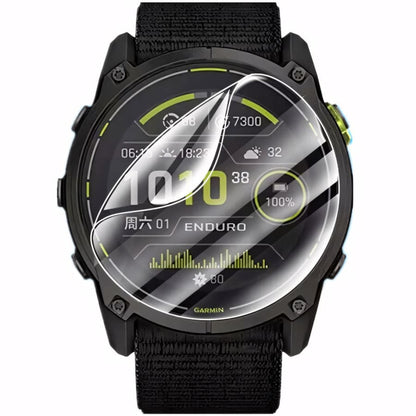 Hydrogel screen protectors for Garmin Enduro 2 smartwatch, pack of 6, showing clear, flexible protective covers on a Garmin watch.