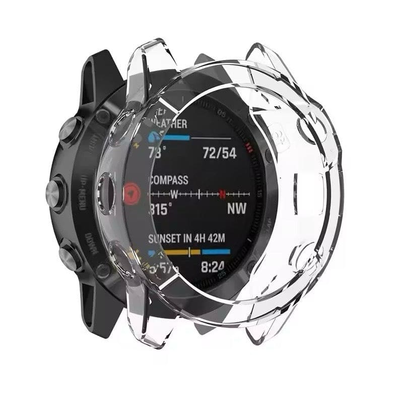 Clear protective case for Garmin Enduro smartwatch, fits snugly to shield the watch from scratches and impacts.