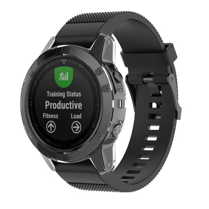 Clear protective case for Garmin Fenix 5 Series watch, made by That Watch Shop, shown on a smartwatch in the image.
