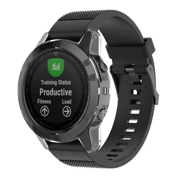 Clear protective case for Garmin fenix 5S Series watch by Habicare, showcasing a transparent cover on a smartwatch.