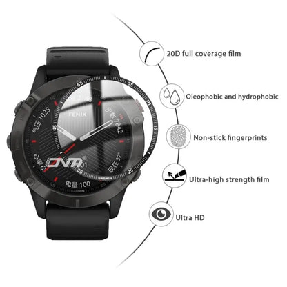 Set of five Habicare Garmin Fenix 6/6 Pro Series watch screen protectors showing clear, protective film on smartwatch screens.