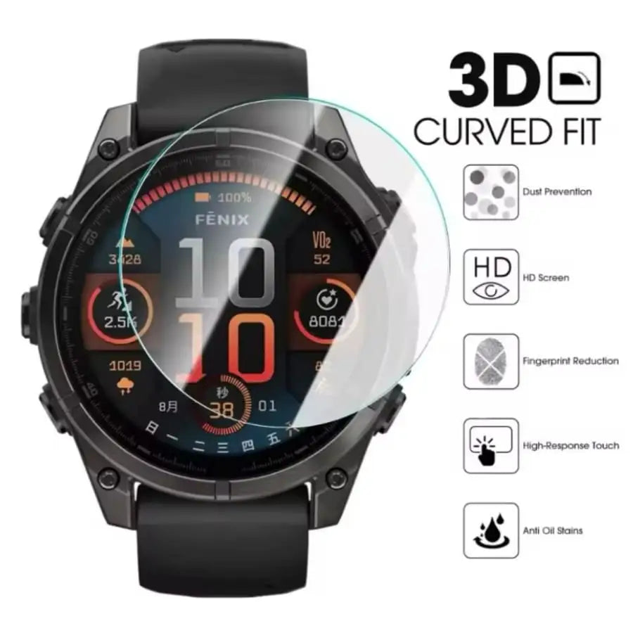 Set of five Habicare Garmin Fenix 8 43mm series watch screen protectors showing clear, thin, protective film on smartwatch screens.