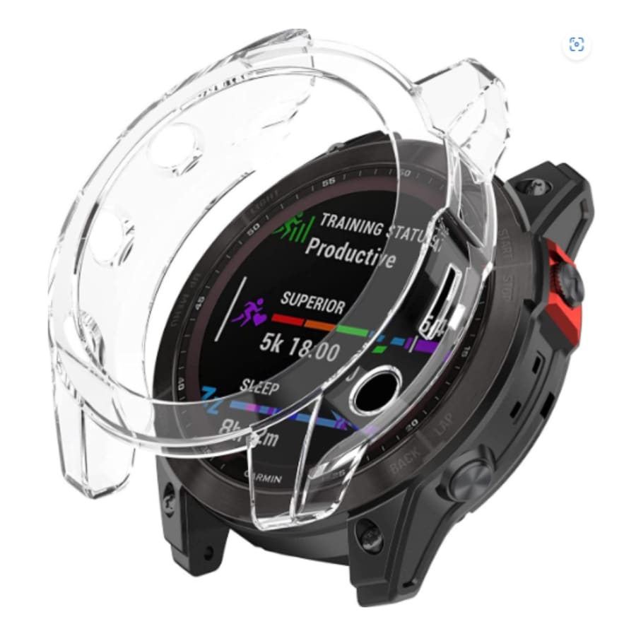 Clear protective case for Garmin fenix Chronos Series smartwatch, transparent TPU cover highlighting watch face and band.