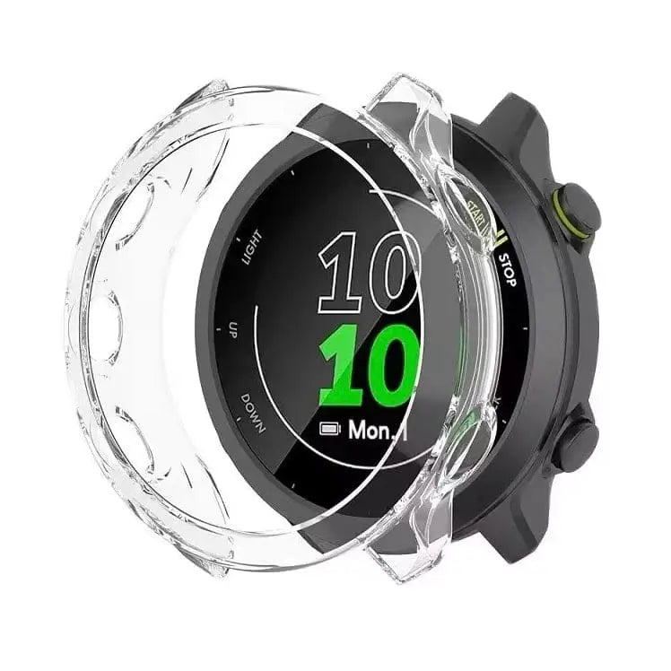 Clear protective case for Garmin Forerunner 158 watch by Habicare, made of durable material, designed to shield the watch.