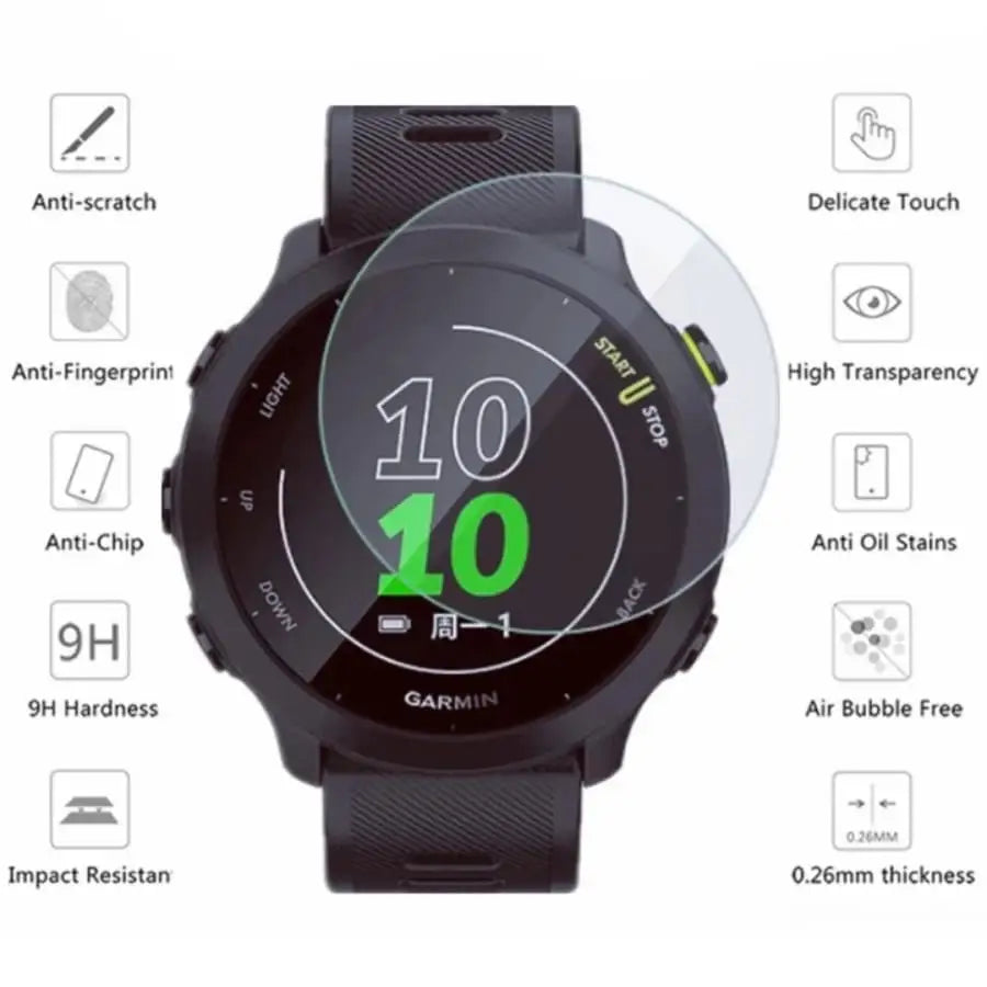 Set of five Habicare Garmin Forerunner 158 watch screen protectors showing clear, protective film on watch display.