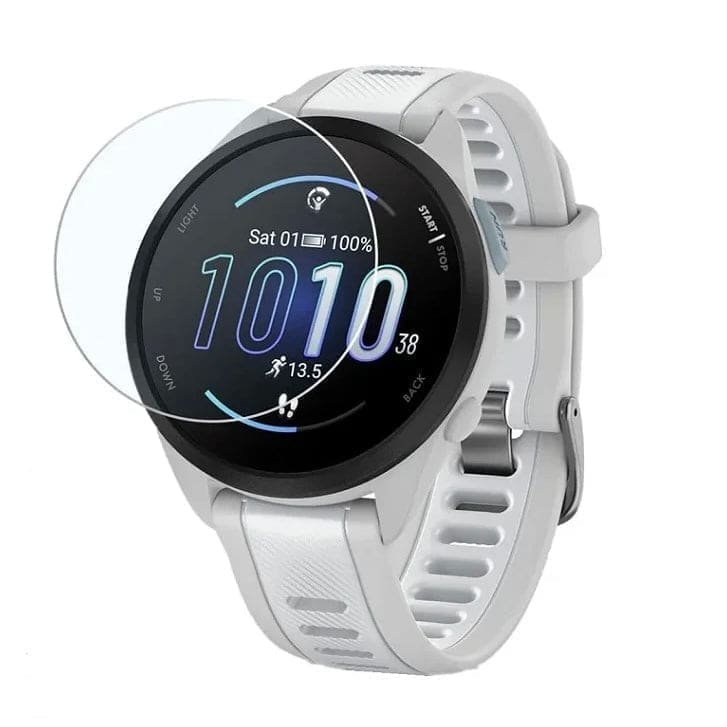 Set of four white hydrogel screen protectors for Garmin Forerunner 165 smartwatch, designed to protect the watch screen.