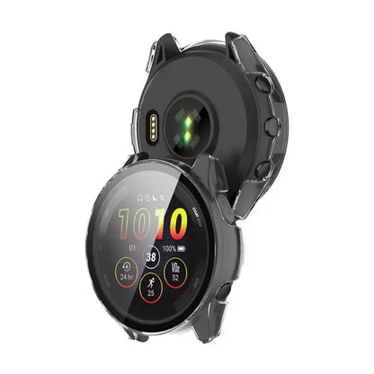 Clear protective case for Garmin Forerunner 165 watch by Habicare, showing a transparent, snug-fit cover on the smartwatch.