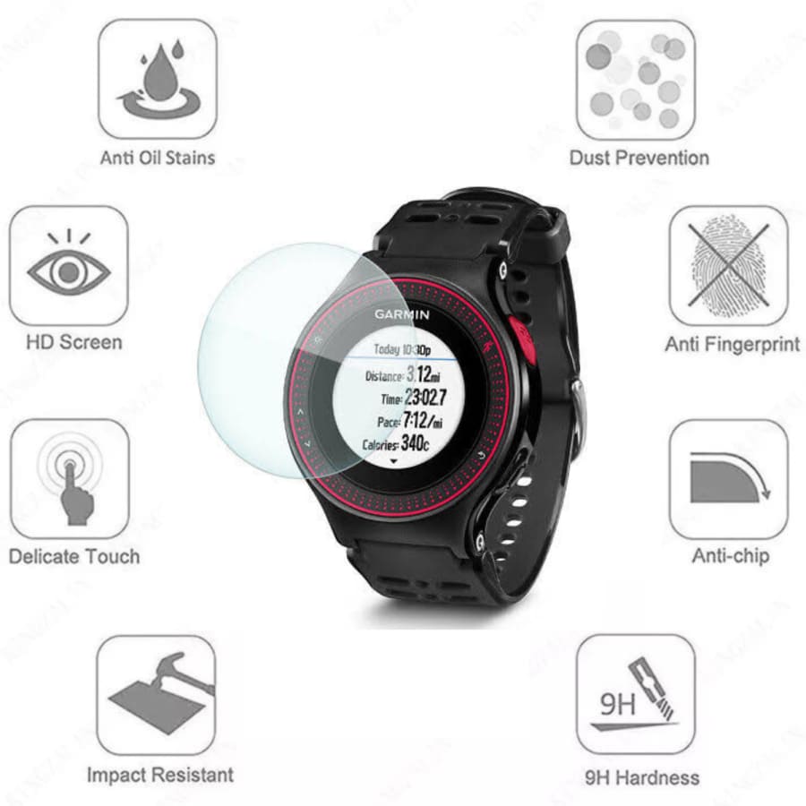Black Garmin Forerunner 225 screen protectors, pack of 2, protective film for watch display, durable and easy to install.