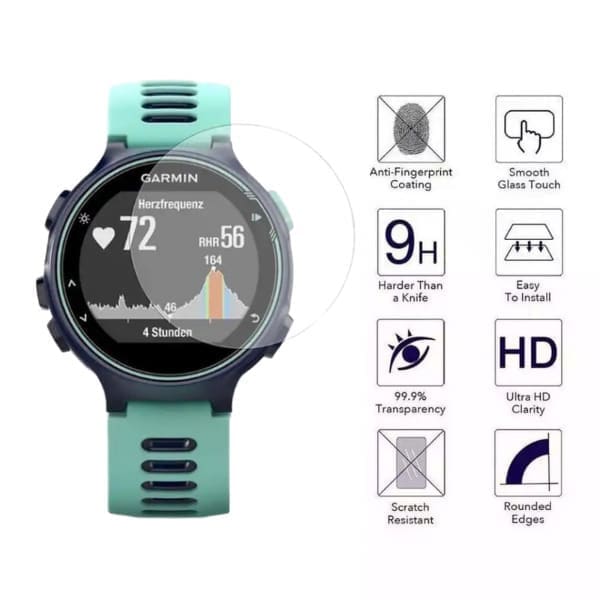 Pair of Garmin Forerunner 235 screen protectors, watch screen protectors designed for smartwatch display protection.