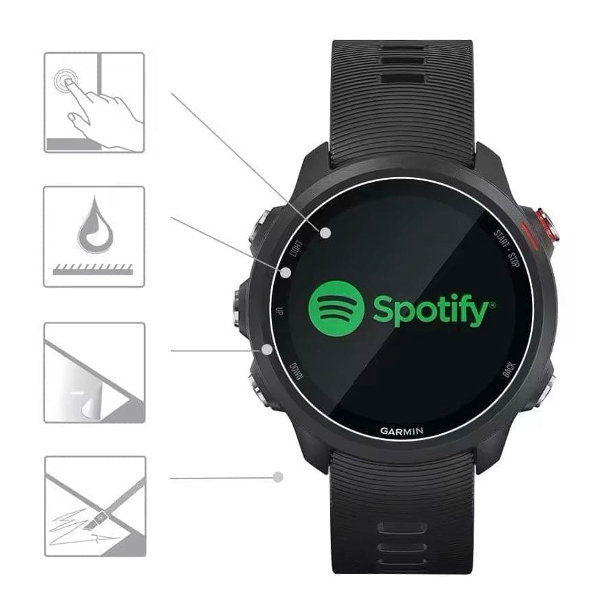 Hydrogel screen protectors for Garmin Forerunner 245 series, pack of 6, clear watch screen protection from That Watch Shop.