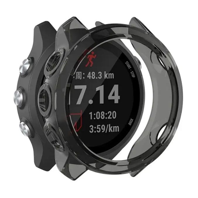 Black Smoke protective watch case for Garmin Forerunner 245 Series, made by That Watch Shop, designed to shield and enhance the device.