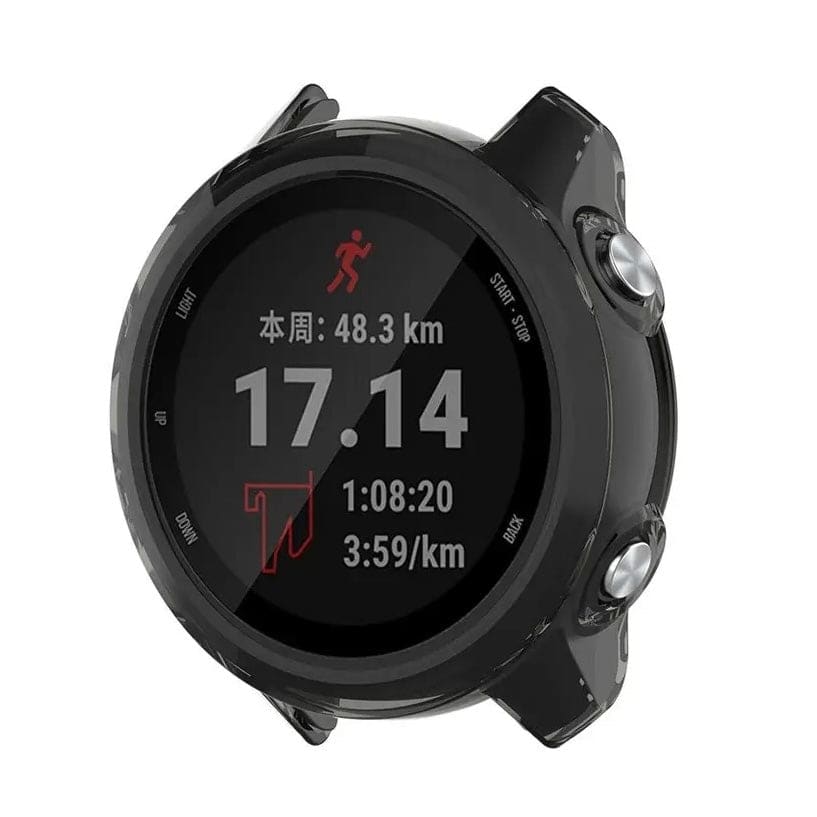 Black Smoke protective watch case for Garmin Forerunner 245 series, designed to shield and enhance the watch's appearance.