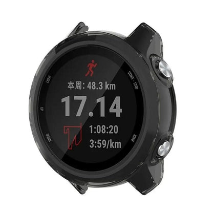 Black Smoke protective watch case for Garmin Forerunner 245 series, designed to shield and enhance the watch's appearance.
