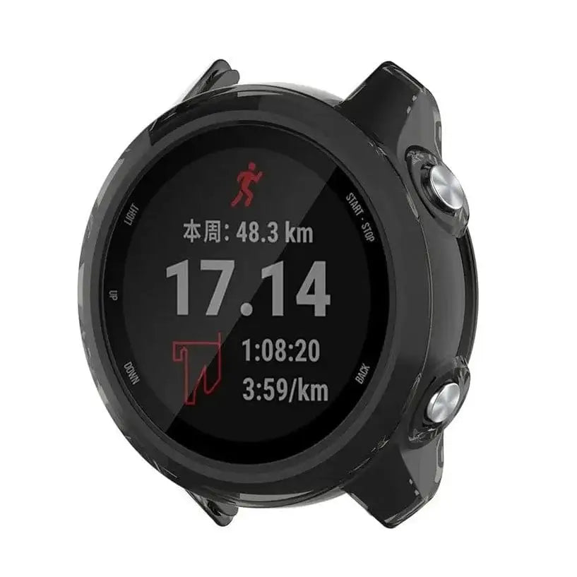 Transparent black Habicare protective case for Garmin Forerunner 245 series watch, made of durable material to shield the device.