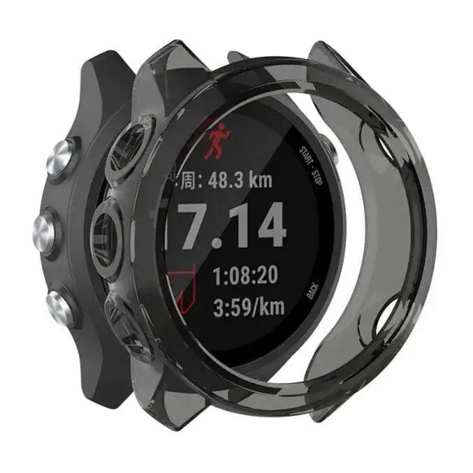 Transparent black Habicare protective case for Garmin Forerunner 245 Series watch, providing durable coverage and screen protection.