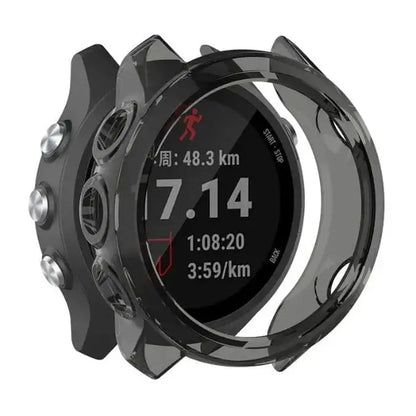 Transparent black Habicare protective case for Garmin Forerunner 245 Series watch, providing durable coverage and screen protection.