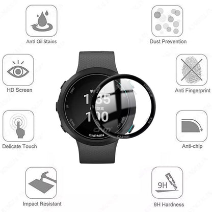 Pair of Garmin Forerunner 245 watch screen protectors, clear protective covers for smartwatch screens, easy to apply.