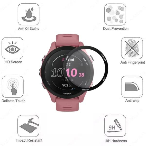Pair of Garmin Forerunner 255S watch screen protectors from That Watch Shop, clear and protective for watch screens.