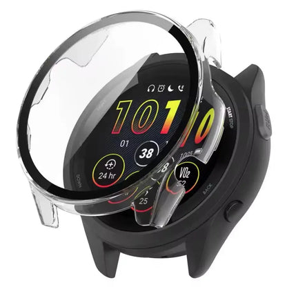 Clear protective case for Garmin Forerunner 265S watch by Habicare, showing the transparent cover fitted on the device.