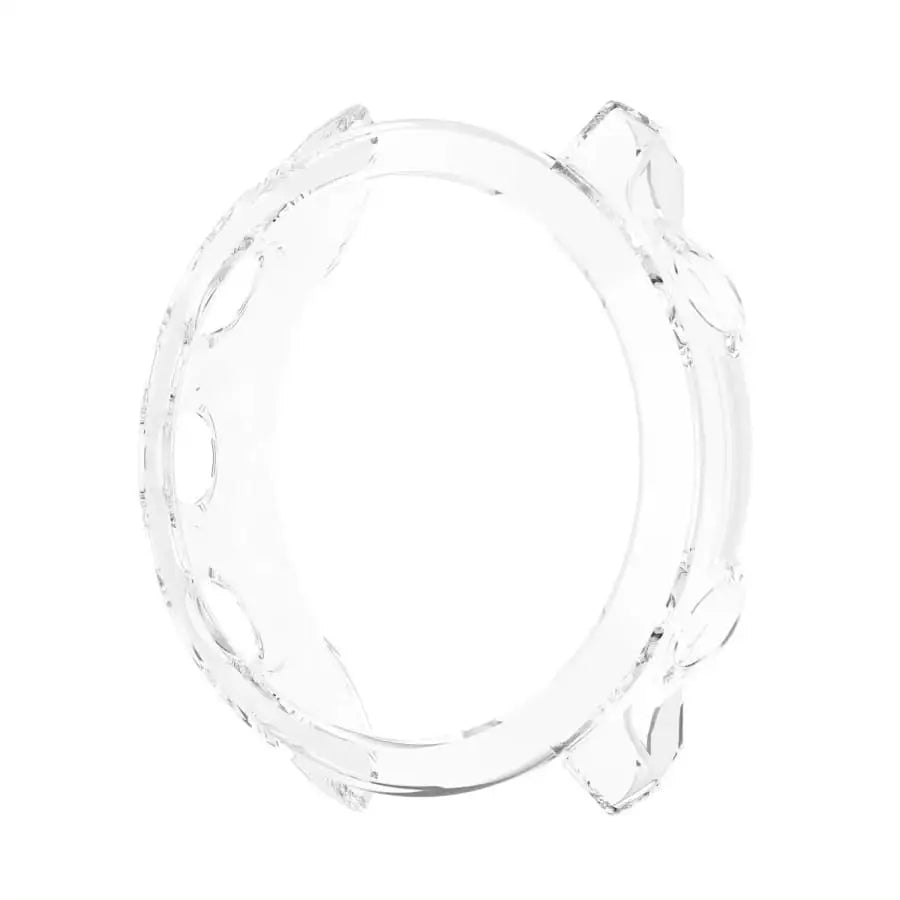Clear protective case for Garmin Forerunner 55 watch, made by Habicare, shown on the watch with transparent coverage.