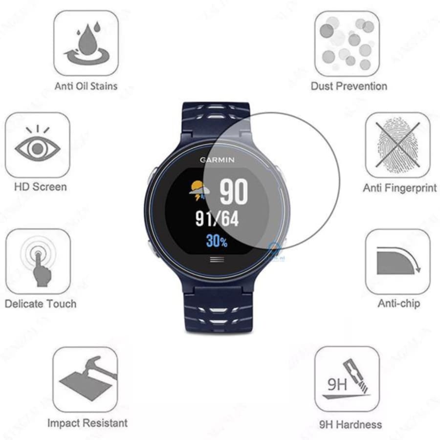 Pair of Garmin Forerunner 630 screen protectors in navy blue, designed to protect the watch display from scratches and damage.