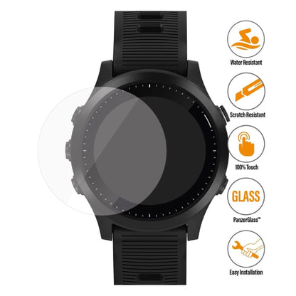Black Garmin Forerunner 645 screen protectors, pack of 2, for smartwatch display protection, from That Watch Shop.
