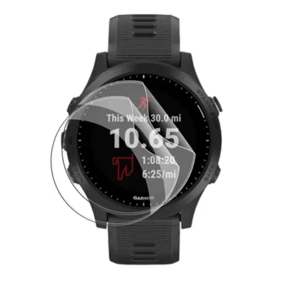 Hydrogel screen protectors for Garmin Forerunner 945 LTE smart watch, pack of six, showing application on watch face.