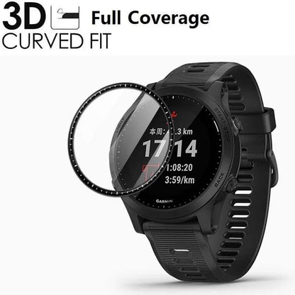 Black Garmin Forerunner 945 LTE screen protectors, pack of 2, designed for smartwatch display protection.